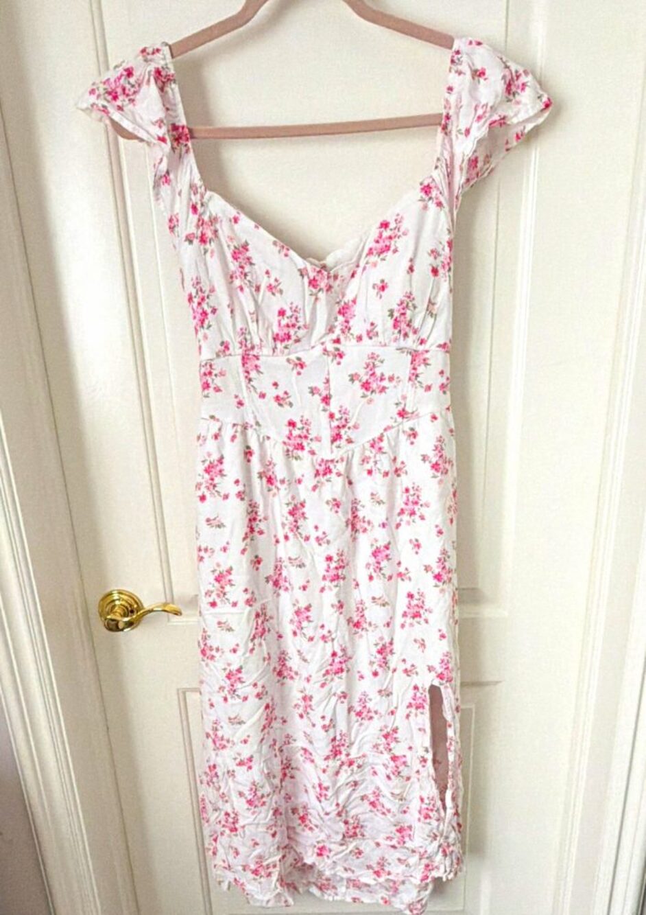 Hollister Women's White Pink Green Floral V-Neck Cut-Out Back Midi Dress L
